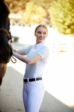 Ariat Womens Ascent 1/4 Zip Short Sleeve Show Shirt -Farm House Tack Sales Shop S23 WMS ENGL Carmel LaCunha Shot 05 7172 RTL